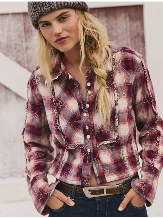Free People Tops - NWT-Free People Red Plaid Ruffle-Trim Button Down Shirt